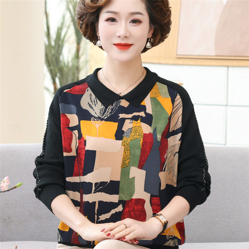 Mother Foreign Pie Long Sleeve Blouse Women Spring Dress New 40-50-year-old 50's large size V neckline Noble Cardiovert
