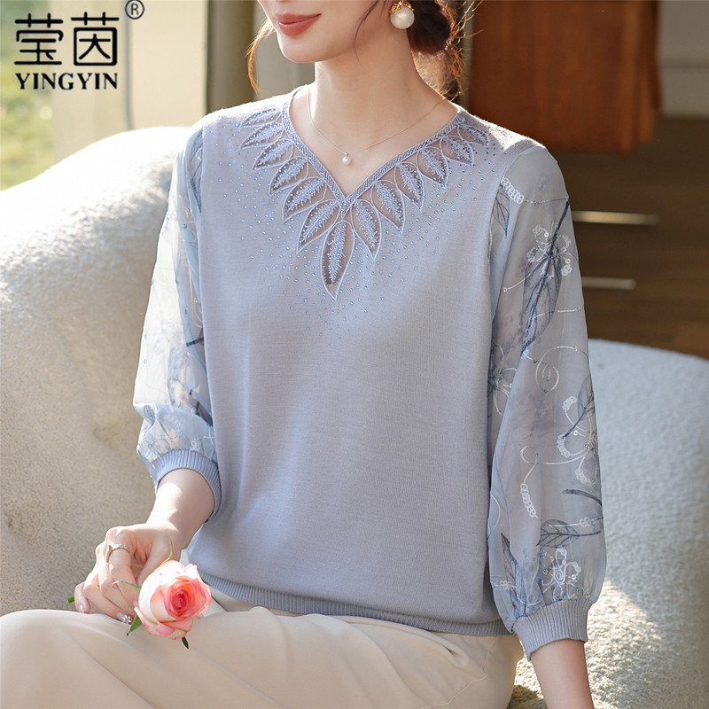 Trendy Mom Spring Outfit 2026 New Chiffon Three-Quarter Sleeve Knit Top Middle-Aged Women's T-Shirt Set