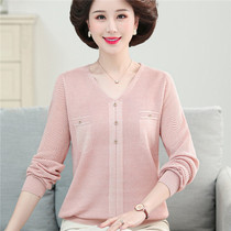 2022 Mom Spring clothing Knit Bottom Hollowed-out Small Shirts Middle Aged Women Dress Loose Fashion V Collar Long Sleeve Blouse
