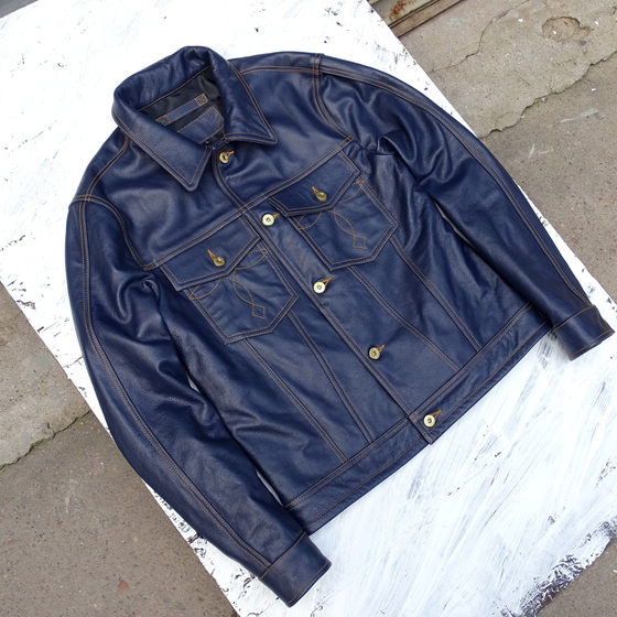 风暴骑士刺绣袋花牛仔蓝色荔枝纹头层牛皮男真皮皮衣夹克通勤外套