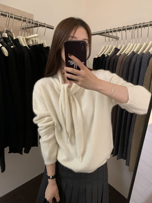 Gentle and Warm~Super Flattering! Women's Wool Knit Pullover Sweater with Tie-Neck, New Slim-Fit Top for Autumn 2026 Gentle and Warm~Super Flattering! Women's Wool Knit Pullover Sweater with Tie-Neck, New Slim-Fit Top for Autumn 2026