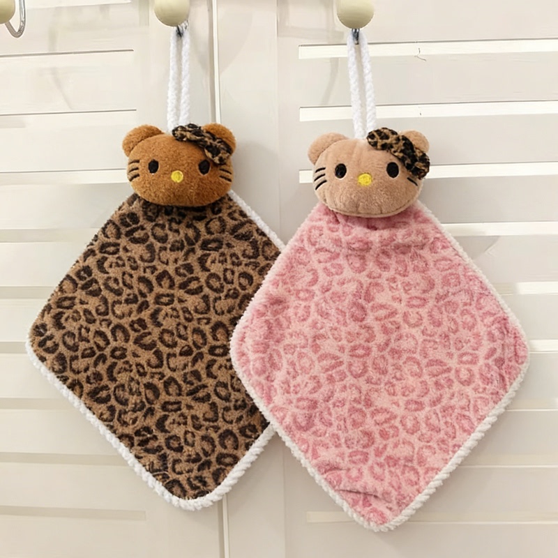 Cute Cartoon Black Leather Kitten Leopard Print Coral Velvet Hand Towel Thickened Absorbent Quick-Drying Hanging Kitchen Rag Handkerchief