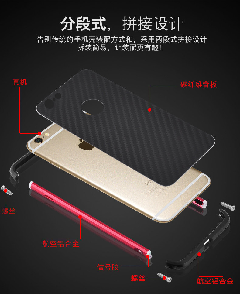 iy Rainbow Aluminum Metal Bumper Carbon Fiber Back Cover Case for Apple iPhone 6S Plus/6 Plus & iPhone 6S/6