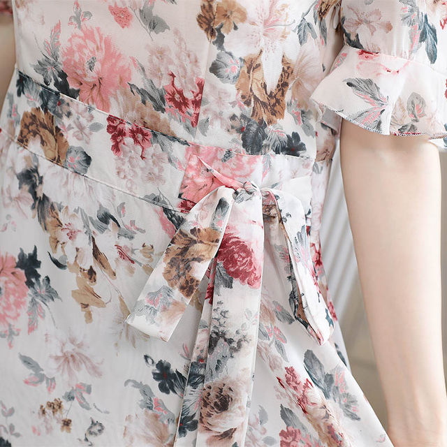 ເສື້ອຍືດແຂນສັ້ນ chiffon ສໍາລັບແມ່ຍິງ summer 2024 ຮູບແບບໃຫມ່ slim ແອວ slimming ຍາວ floral skirt ບວກຂະຫນາດກະໂປງຍາວ