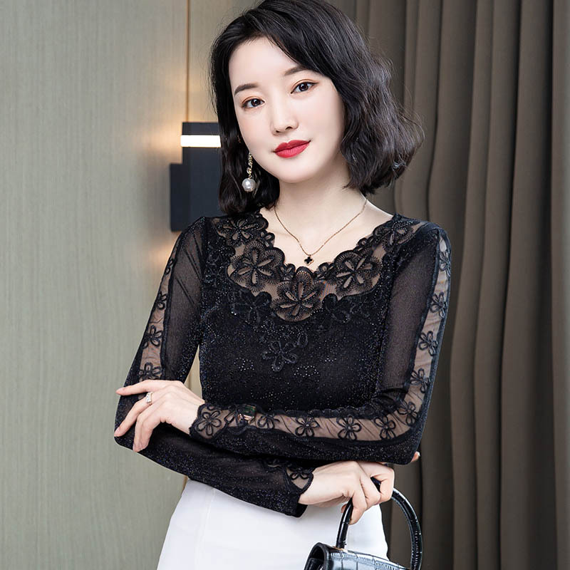 Lace Base Shirt for Women, Spring and Autumn Long-Sleeved, Stylish 2025 Versatile New Model, Shiny Mesh Hollow-Out Inner Top Blouse