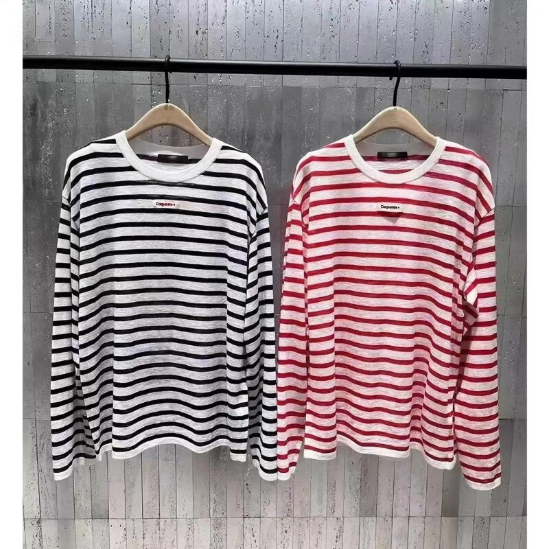Mo's Genuine C+ Series Knitwear, Silk, Lightweight Cotton and Linen Nautical Striped Classic Lazy Long-Sleeved T-Shirt