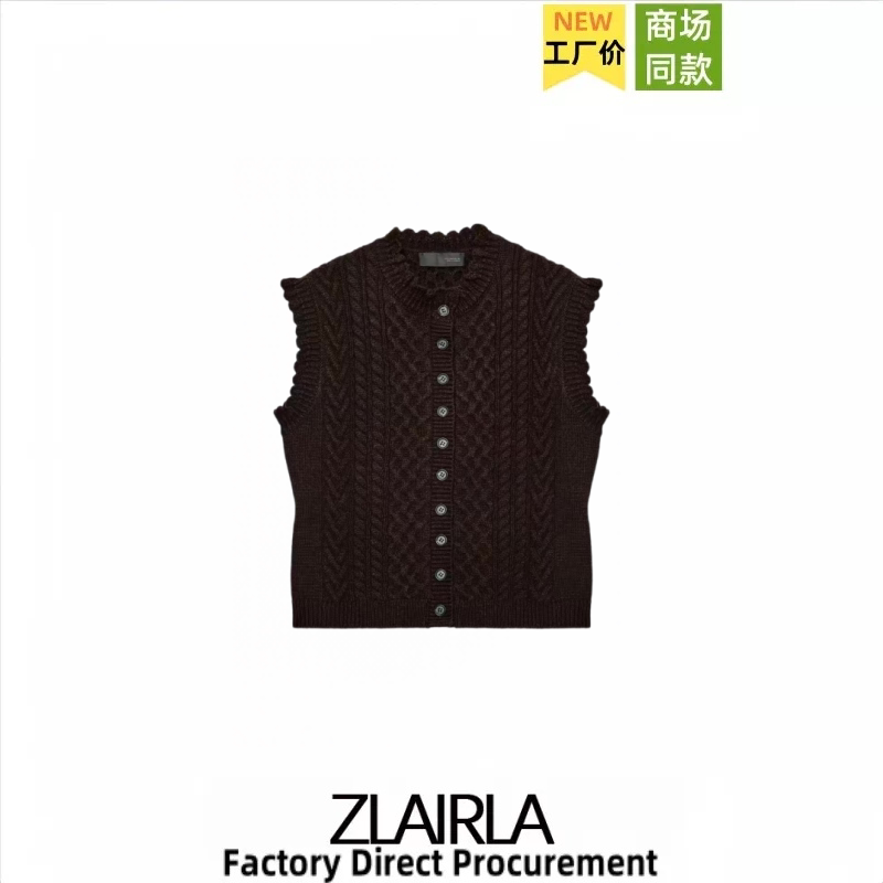 Za Women's Clothing Ruffled Round Neck Single-Breasted Sleeveless Slim Fit Vintage Top Twisted Knit Vest 2142299