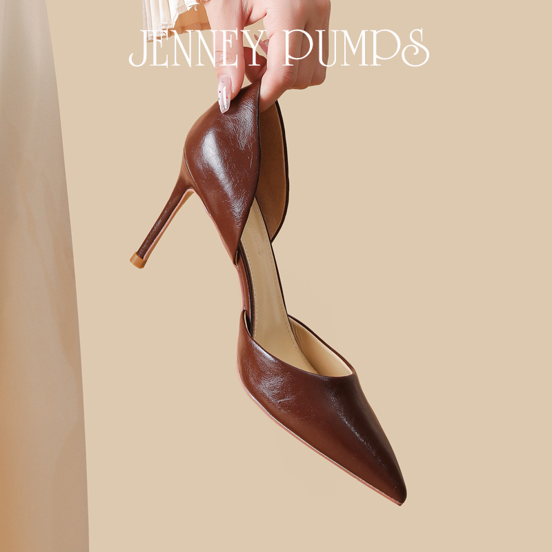Zhou Zhenjie Series [Xiao Guai Cao Sui] Commuter Shallow High-Heeled Closed-Toe Hollow Pointed Stiletto Genuine Leather Sandals