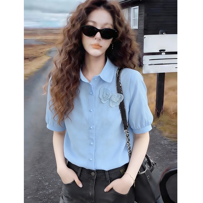 Korean-Style Niche Design Blue Pure Cotton Short-Sleeved Shirt for Women Summer Lace Butterfly Decorative Lapel Slimming Top Korean-Style Niche Design Blue Pure Cotton Short-Sleeved Shirt for Women Summer Lace Butterfly Decorative Lapel Slimming Top