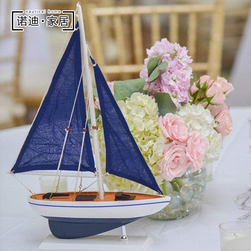 Mediterranean style sloop wooden sailing boat model ornaments Smooth sailing craft boat American small wooden boat model boat
