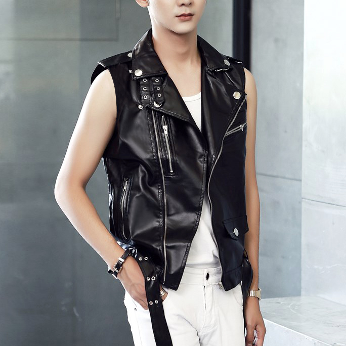 Stage Leather Vest for Men, Sleeveless, Youth Leather Vest, Pu Leather Vest with Fleece, Large Size, Rock Performance Clothing, Leather Vest