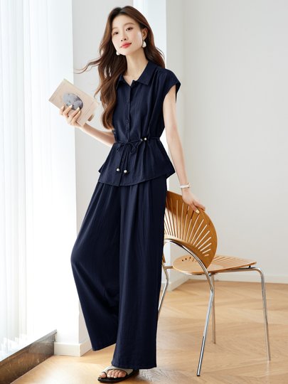 Old Money Style Fashion Suit for Women Summer 2025 New Casual Elegant Short-Sleeved Waist Shirt Wide-Leg Pants Two-Piece Set