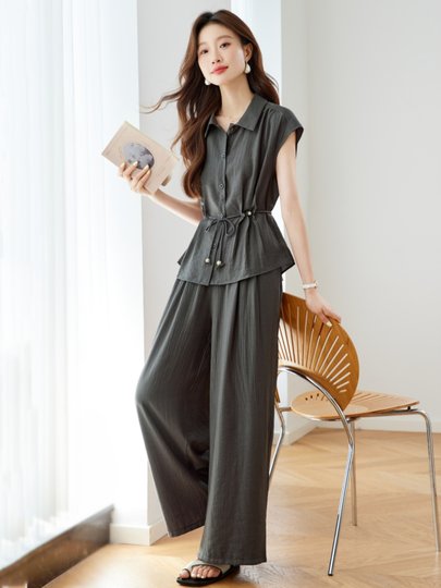 Old Money Style Fashion Suit for Women Summer 2025 New Casual Elegant Short-Sleeved Waist Shirt Wide-Leg Pants Two-Piece Set