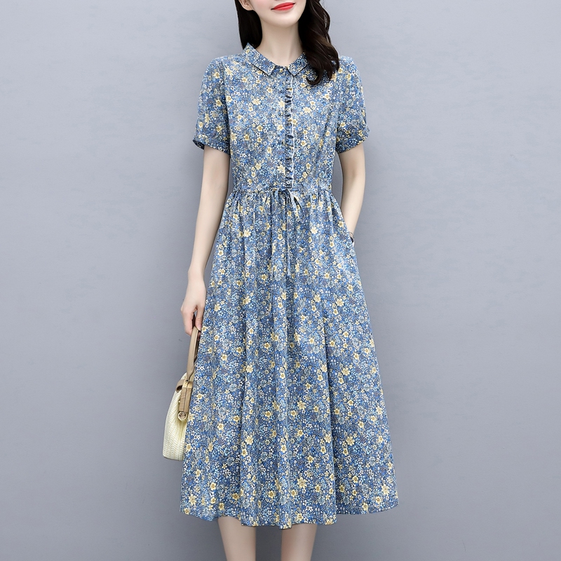 Small Floral Pure Cotton Dress for Women, Summer 2026 New Style, Petite Waist-Cinching, Slim-Fitting, Elegant Shirt Dress