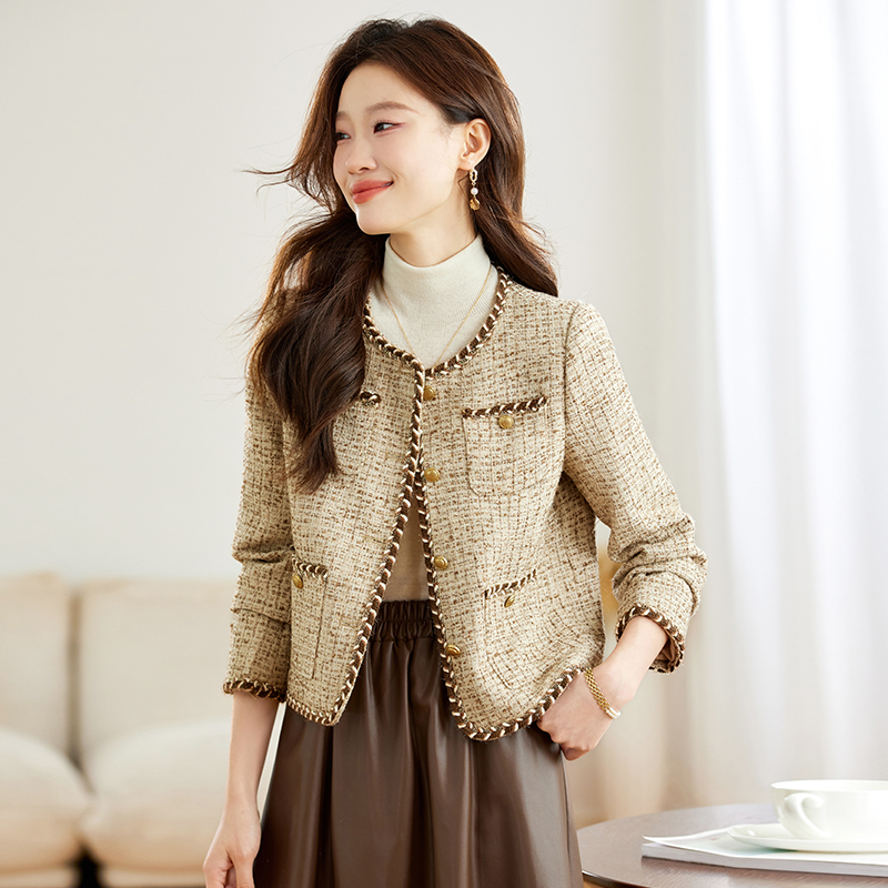 Contrast Color Trim Short Tweed Jacket for Women 2026 Spring and Autumn New Style Elegant Slim Fit Socialite Tweed Top