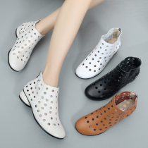 Spring Autumn Genuine Leather Flat Bottom Hollowed-out Short Boots Flat Heel Cave Woman Boots Summer Short Drum Martin Boots Big Code Soft Bottom Womens Shoes Cool Boots