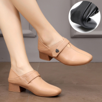 Coarse Heel Single Shoes Woman 2022 Spring Autumn New Genuine Leather With Square Head Womens Shoes Big Code Magic Sticker Soft Bottom Deep Mouth Leather Shoes