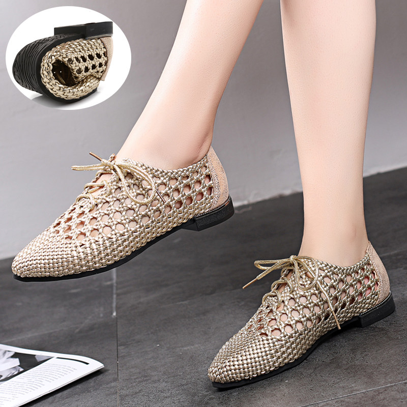 2022 new genuine leather Baotou flat flat-bottomed sandal women's summer flat heel large size soft bottom hollowed-out casual lacing braided women's shoes