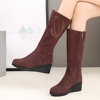 Wedge nubuck leather large size plus velvet warm mid-calf boots for women