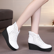 2022 Spring Summer Leather Slopes Heel Hollowed-out Short Boots High Heel Woman Shoes Pine Pastry Thick Bottom Dongle Woman Boots White Breathable Cool Boots