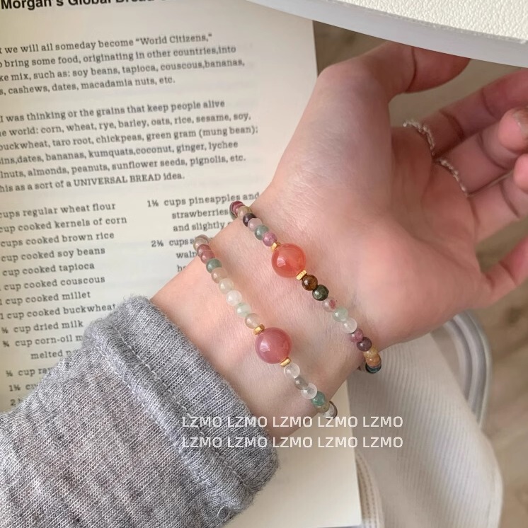 Lzmo Peach Pink Ice Dew｜S925 Sterling Silver Natural Rainbow Tourmaline Bracelet for Women Elastic Jewelry Niche Design