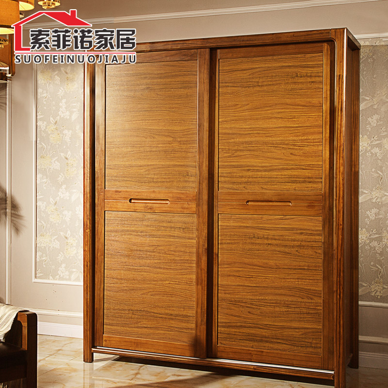 New Chinese solid wood multi-layer large wardrobe sliding door simple small apartment bedroom 1 5 1 8 meters wooden wardrobe