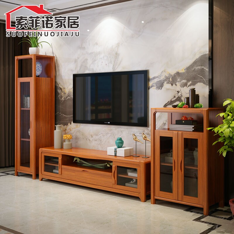 Chinese-style solid wood TV floor cabinet Modern wooden floor cabinet Combination cabinet wine cabinet ebony wood color combination hall cabinet 1 6