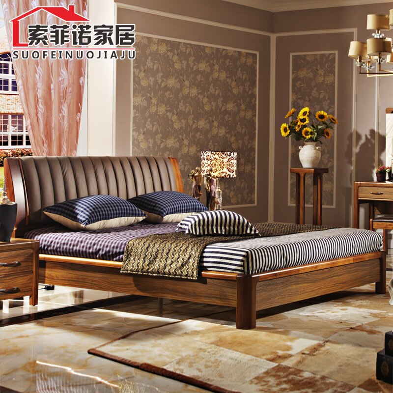 Chinese-style solid wood leather art soft backed double mute 1 5 m 1 8 m high box frame mulch rubber wood bedroom furniture