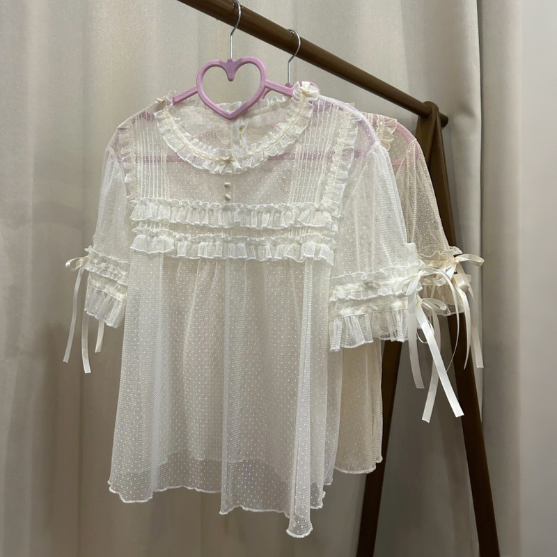 Lolita Dress with Sheer Long-Sleeved Top, Summer Shirt, Lace Short-Sleeved Lolita Glass Sugar Paper Inner Layer