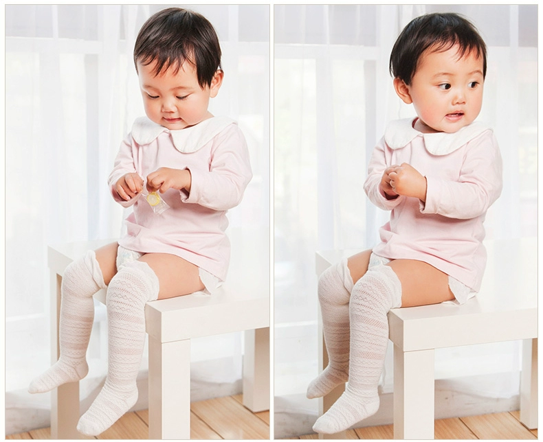 Bé vớ ống dài mùa hè vớ em bé mỏng 0-3 tuổi cotton lưới trên đầu gối trẻ em mùa hè muỗi vớ