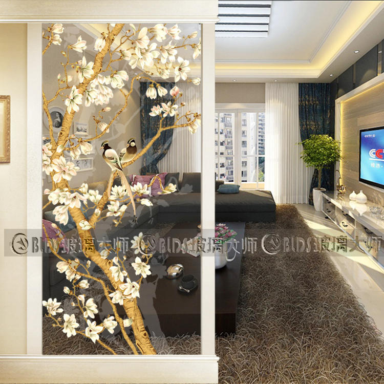 Double-sided light toughened art glass partition living room screen carved entry porch shoe cabinet frosted Magnolia magpie