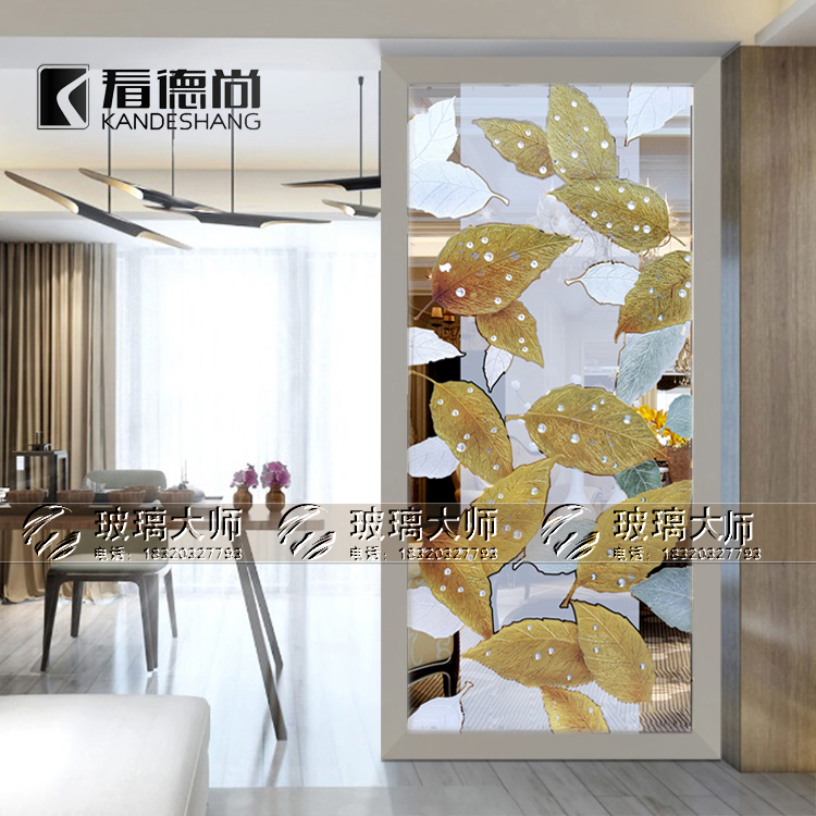 Modern European-style art glass screen partition double face frosted living-room shoe cabinet shifting door carved steel gold leaf floating foil