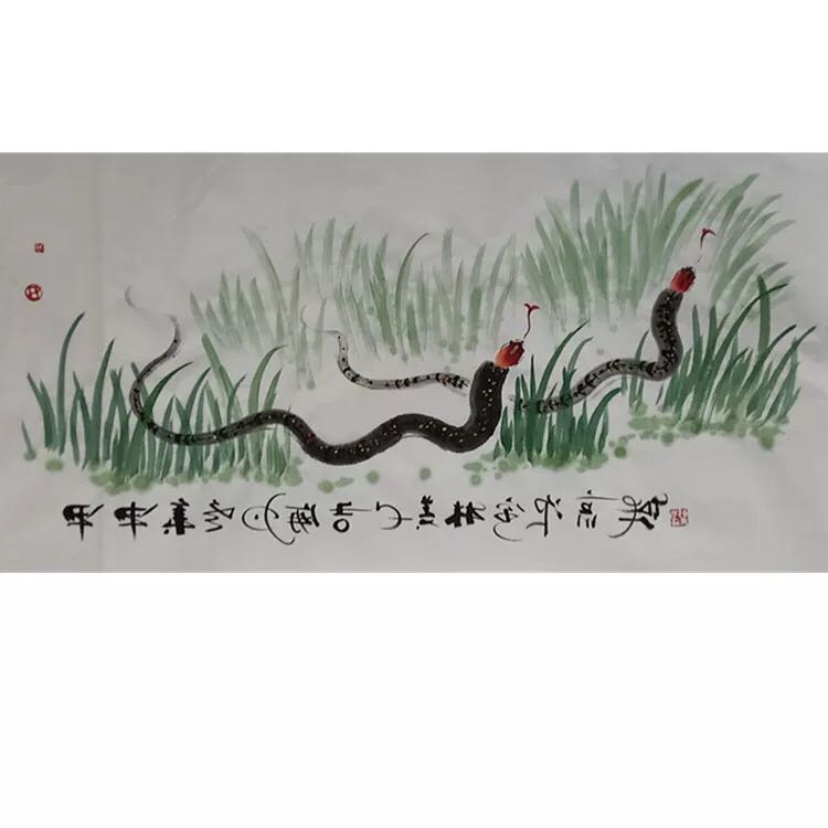 Famous calligraphy and painting Han Meilin Chinese painting four-foot fighting square animal zodiac snake hand-drawn freehand celebrity calligraphy and painting gift