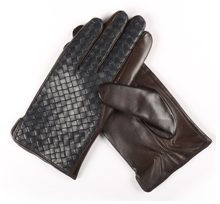 Men's Bv Style Genuine Leather Gloves, Autumn and Winter Men's Hand-Knitted Fashionable Gloves, Fleece-Lined, Thickened, Warm Driving Gloves