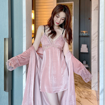 2022 new gold velvet pyjamas lady two sleepwear skirts with chest cushion Sexy seductive long sleeve sleeping robe home clothes