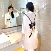 Net Red Ice Silk Sleeping Dress Woman 2023 New Summer Short Sleeves Slim Fit Superior Butterfly Knot Shirt Sexy Pyjamas Dress