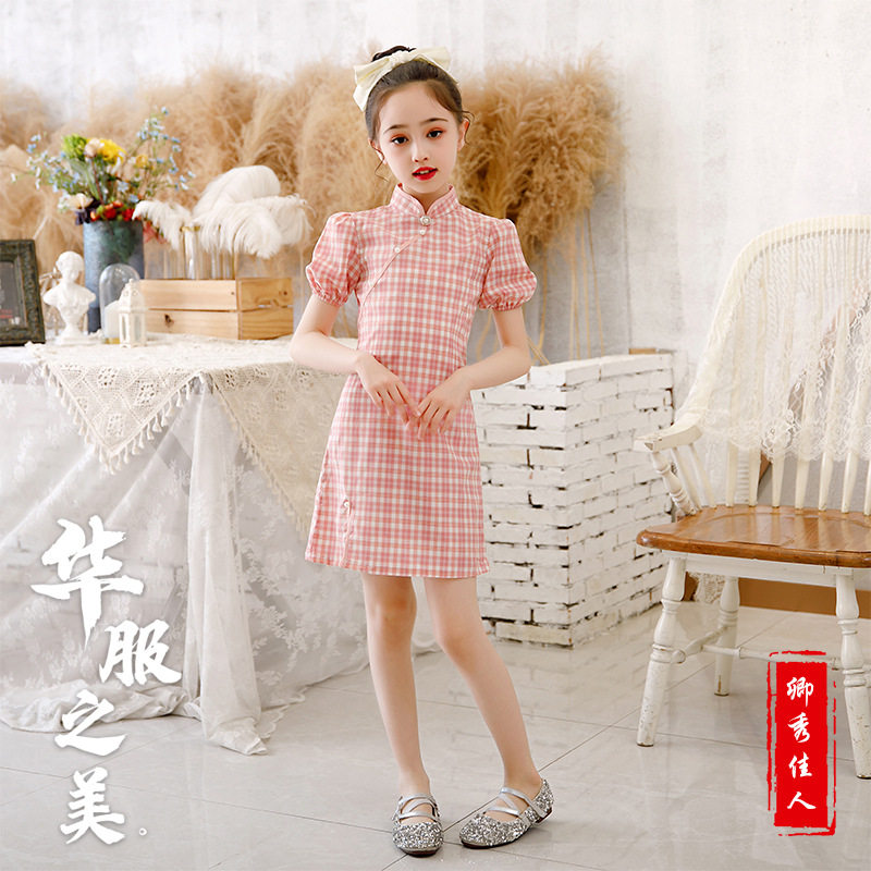 3-year-old Hanfu girl plaid cheongsam 2022 new style 4 children 5 Chinese style 6 stand collar 7 summer 8 children's dress
