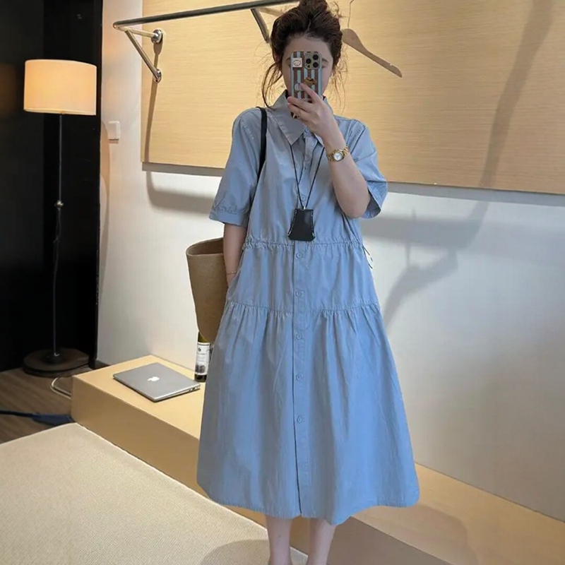 Blue High-End Polo Collar Shirt Dress for Women Plus Size, Simple and Gentle Style, Loose and Slimming Long Dress for Summer