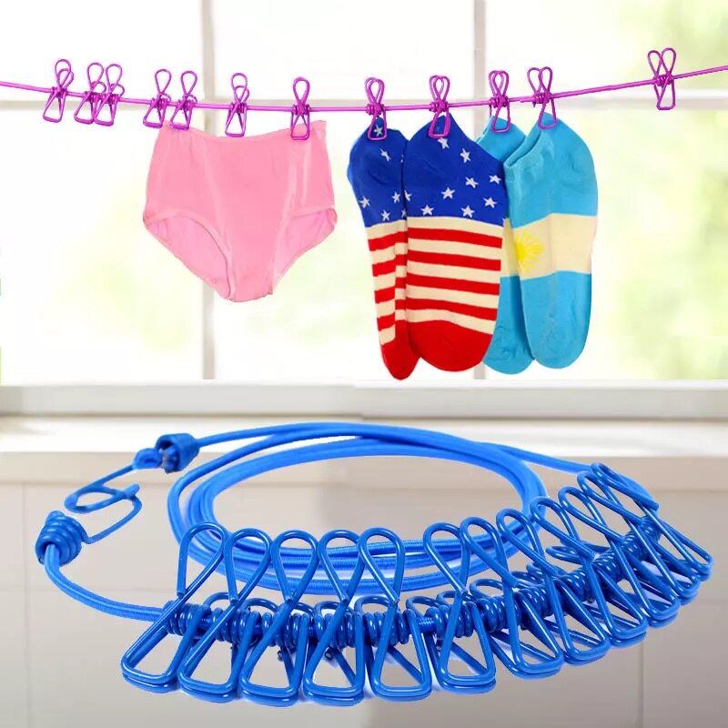 Travel Portable 12 Clips Home Clothesline Travel Drying Rack Clothespin Clothes Hook Clip