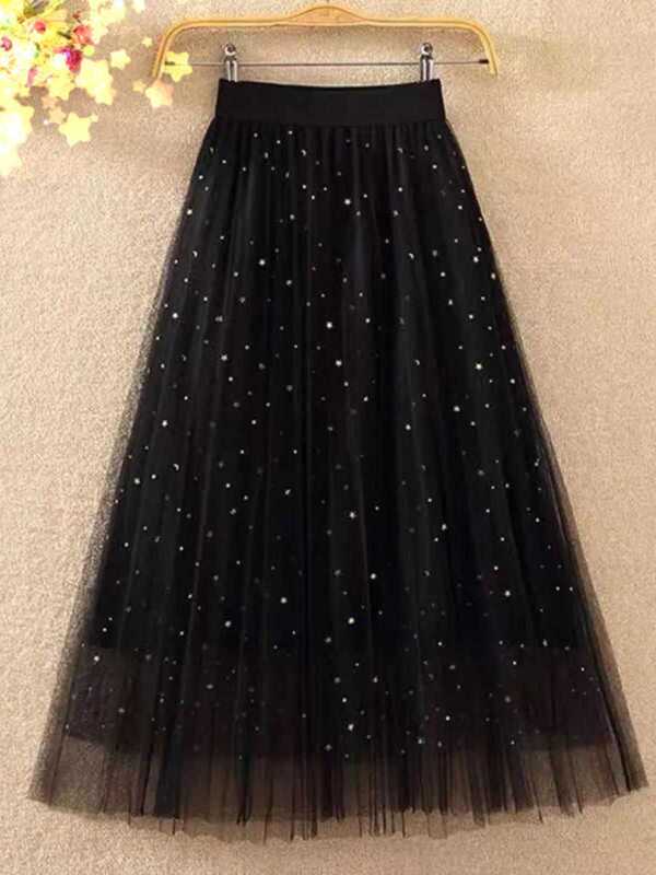 2024 New Trendy Skirt Versatile Slimming Star Sequin Mid-Length A-Line Skirt Mesh Pleated Skirt for Women