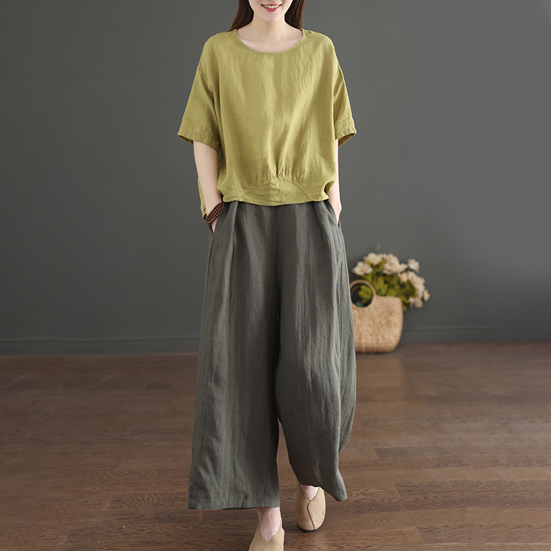 Cotton and Linen Wide-Leg Pants Suit for Women, Summer Plus Size, Age-Reducing, Stylish, Middle-Aged Mother's Clothing, Retro Solid Color Linen Two-Piece Set