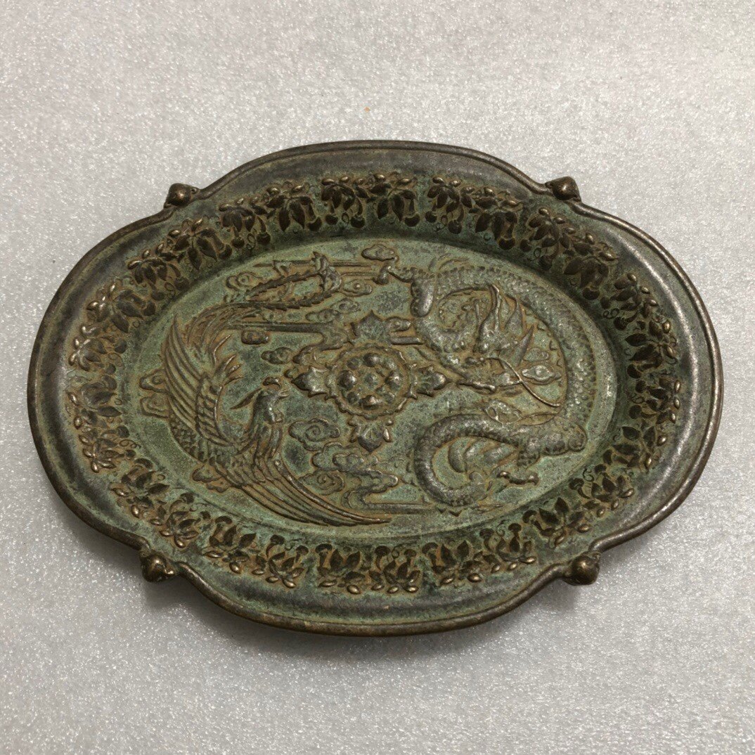 Antique bronze collection lion head dish Dragon and Phoenix plate ornaments Dragon and Phoenix plate plate dish pot antique bronze Miscellaneous