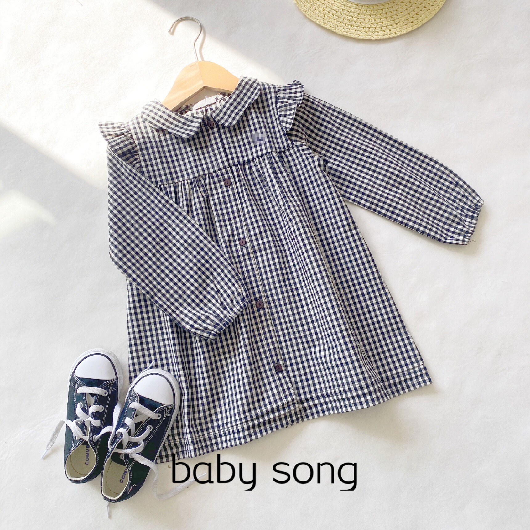 South Korea single 100-140 girls treasure cotton plaid ruffled princess lapel spring and autumn long-sleeved shirt dress