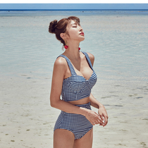Korean Plaid back lace up bow cute high waist bikini split swimsuit women