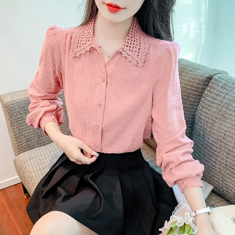 Blue Lace Collar Cotton Shirt for Women, Spring and Autumn Wear, High-End Youthful Style, Popular Long-Sleeve T-Shirt Top Blue Lace Collar Cotton Shirt for Women, Spring and Autumn Wear, High-End Youthful Style, Popular Long-Sleeve T-Shirt Top