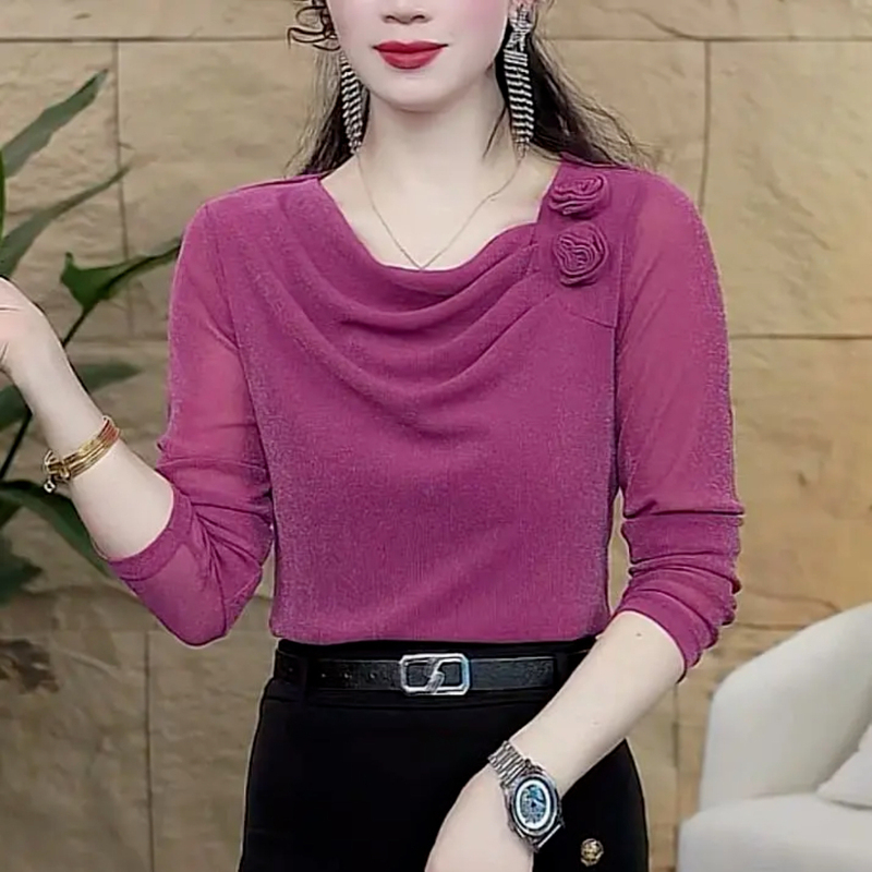 2026 Spring/Summer New Elegant Stretchy Skin-Touch Long-Sleeve Top Solid Color Three-Dimensional Two-Flower Women's Blouse