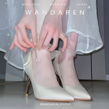 Wan Da Ren French Satin High Heels Women's Stiletto White Bridesmaid Shoes Main Wedding Dress Bride Wedding Shoes 18Th Birthday Coming-Of-Age Ceremony