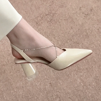 French-Style Pointed-Toe Women's Shoes 2025 New Model, Suitable for Skirts, Elegant Fairy Style, Rhinestone Chunky Heel High Heels, Closed-Toe Sandals