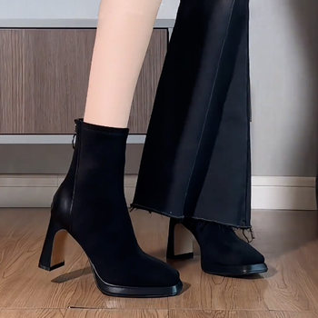 High-End French Style Petite Platform High-Heeled Short Boots for Women, Chunky Heel, 2025 New Square Toe Suede Slim Boots