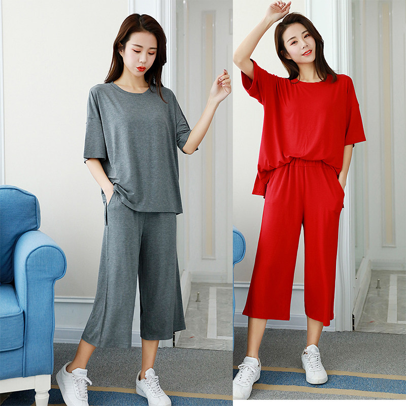 Modal cotton women's summer home service women's mid-sleeved cropped pants loose suit plus fat plus size pajamas wide-leg pants trendy